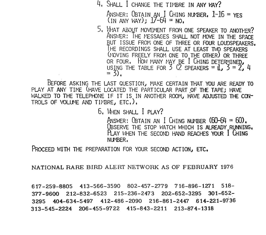 Telephones and birds, excerpt from score, including the phone numbers for "National Rare Bird Alert Network as of February 1976"