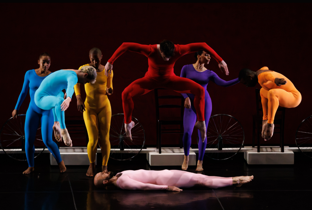 A moment from Merce Cunningham's "Travelogue", danced to Cage's Telephones and Birds